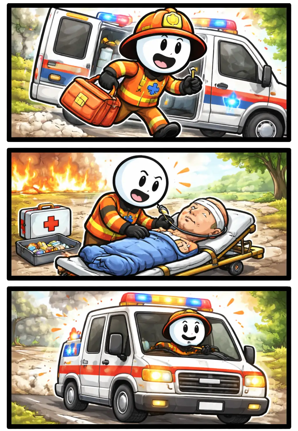 Stripafbeelding in Toonwords-stijl van een stickman bij een Ambulance die medische hulp verleent in drie opeenvolgende panelen.