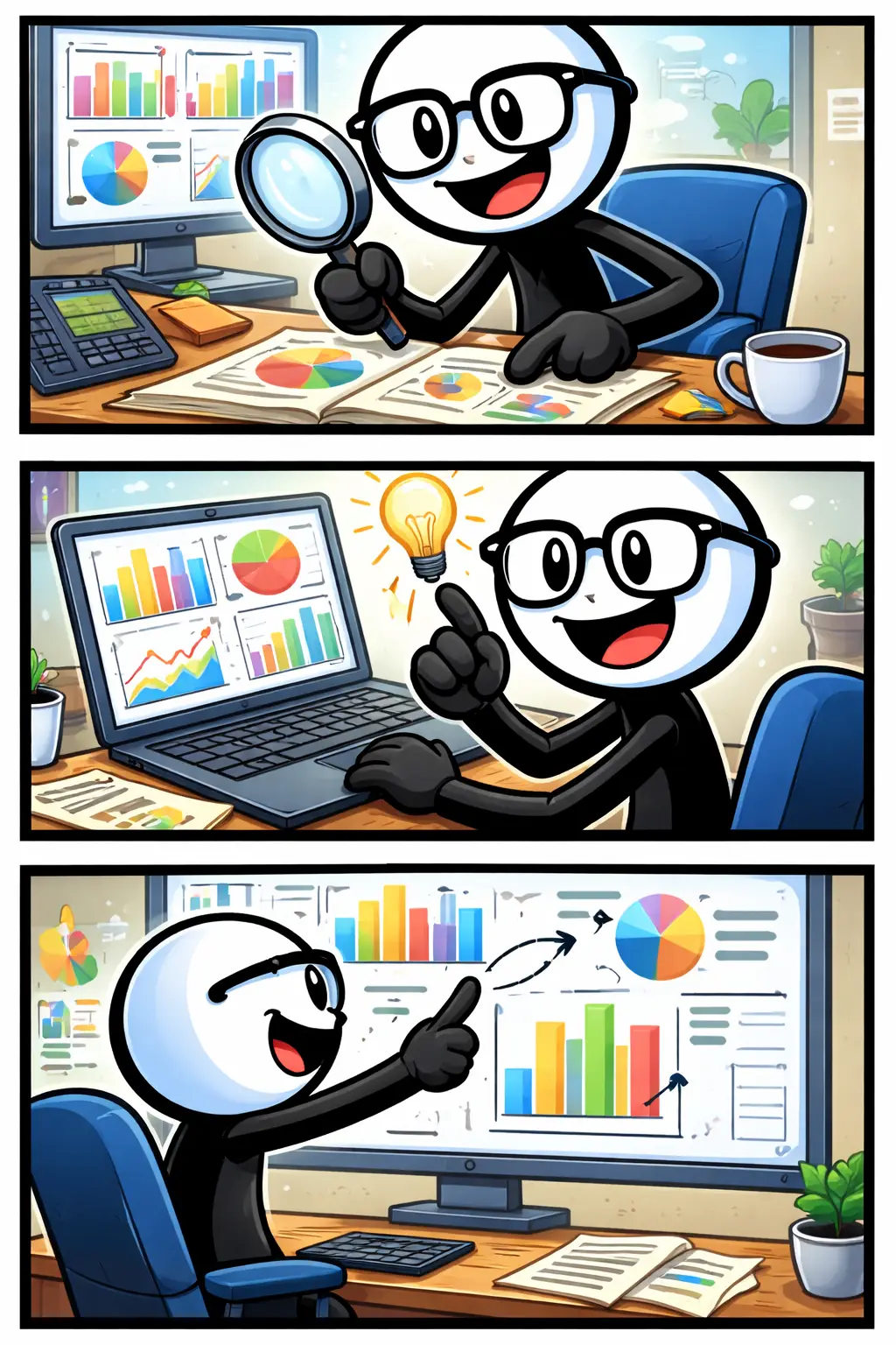 stickman die geconcentreerd analysewerk doet aan een tafel, met grafiekjes en het woord Analysewerk zichtbaar