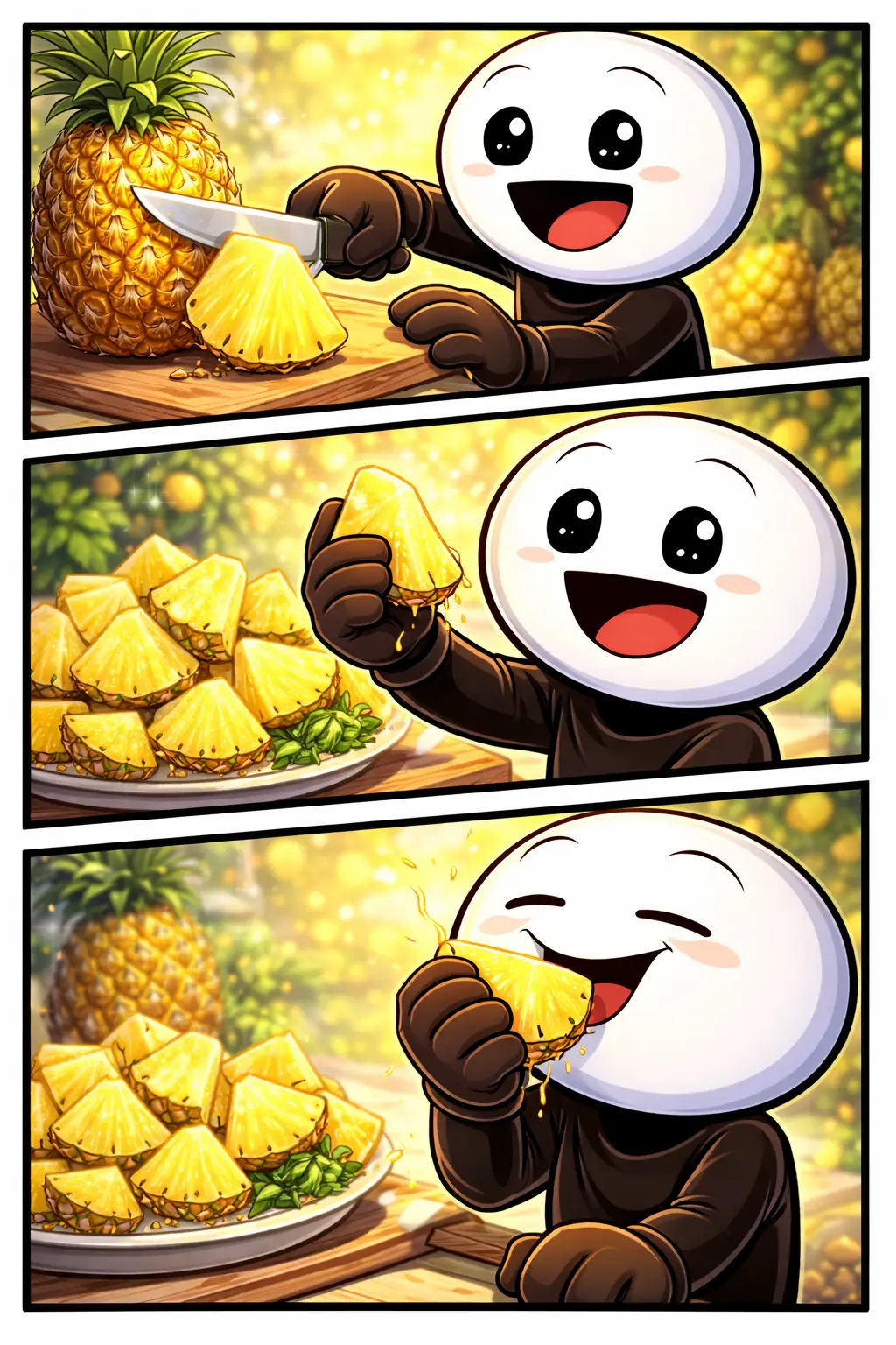 stickman die een ananas snijdt, bewondert en opeet in drie panelen, passend bij het woord Ananas