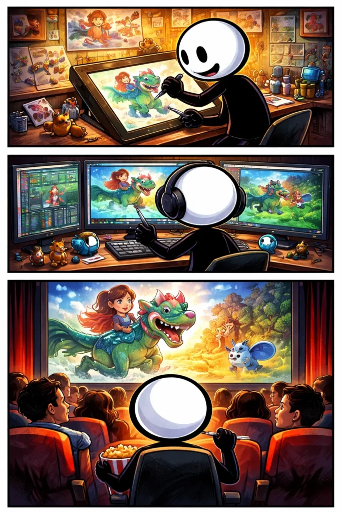 Toonwords-strip met een stickman in drie verticale panelen die verschillende camerastandpunten van een animatiefilm laat zien.