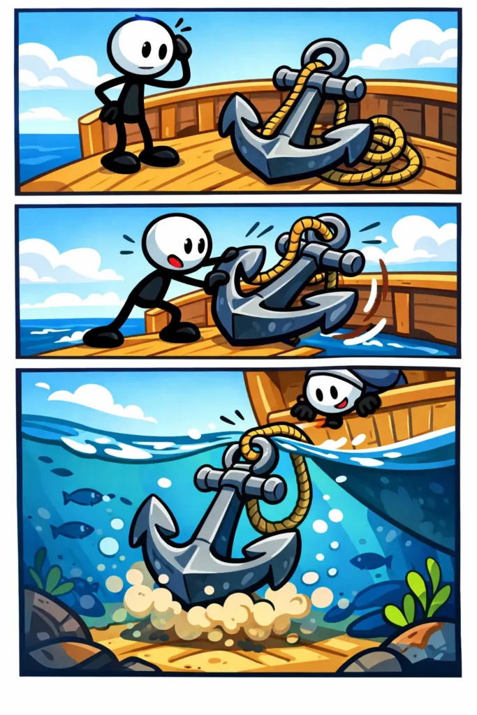 Driepanelige stripafbeelding met een stickman die een anker laat zakken vanaf een schip op zee, toonword Anker.