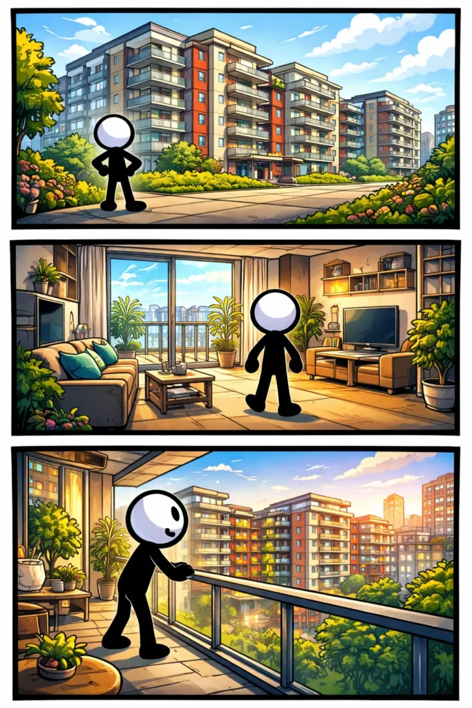 Toonwords-strip met een stickman voor een groot appartementencomplex met meerdere verdiepingen en balkons.