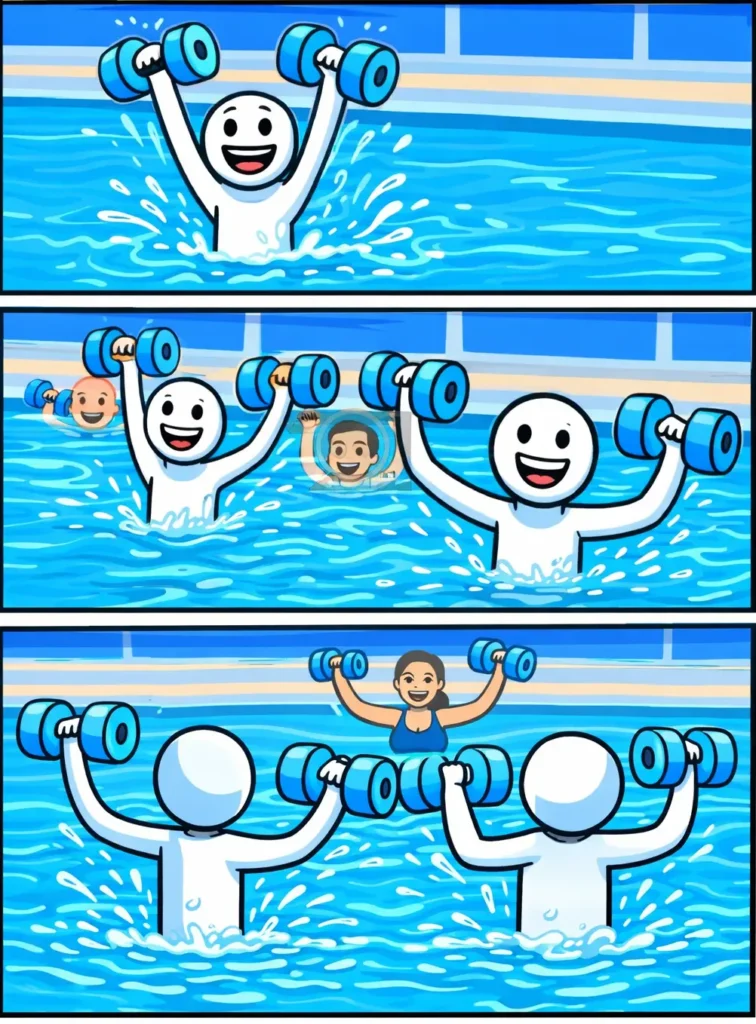 Stickman doet aquajoggen in een zwembad met drijvende halters tijdens een groepsles.