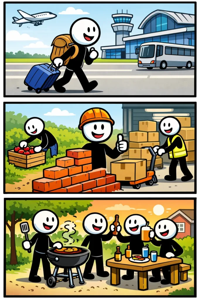 Een strip met het onderwerp arbeidsmigranten toont Stick die reist, werkt en samen met anderen ontspant.