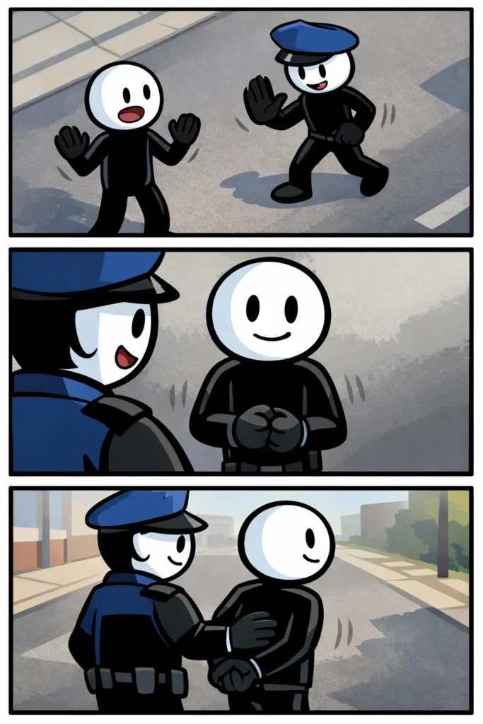 Stripafbeelding met drie panelen waarin een agent een verdachte rustig aanhoudt — Toonword Arrestatie.