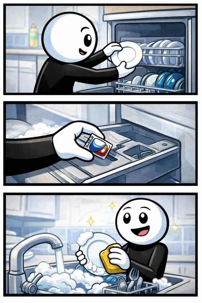 Stickman die een afwasmachine vult en bedient – Afwasmachine / vaatwasser.