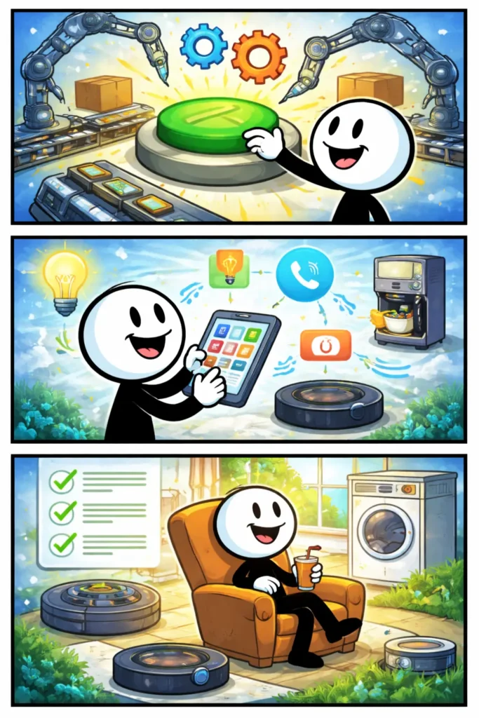 Drie-panelen stripafbeelding in Toonwords-stijl van een stickman die met automatisering taken laat uitvoeren zonder tekst.