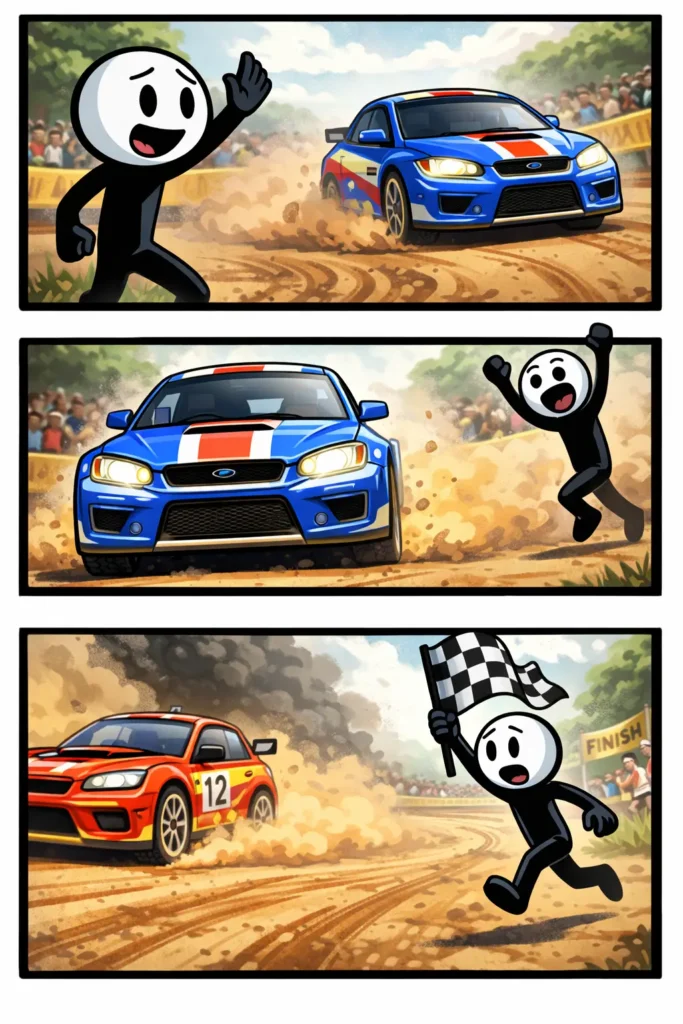 Stickman die een autorally uitbeeldt met dynamische beweging en autosfeer, passend bij het woord autorally.