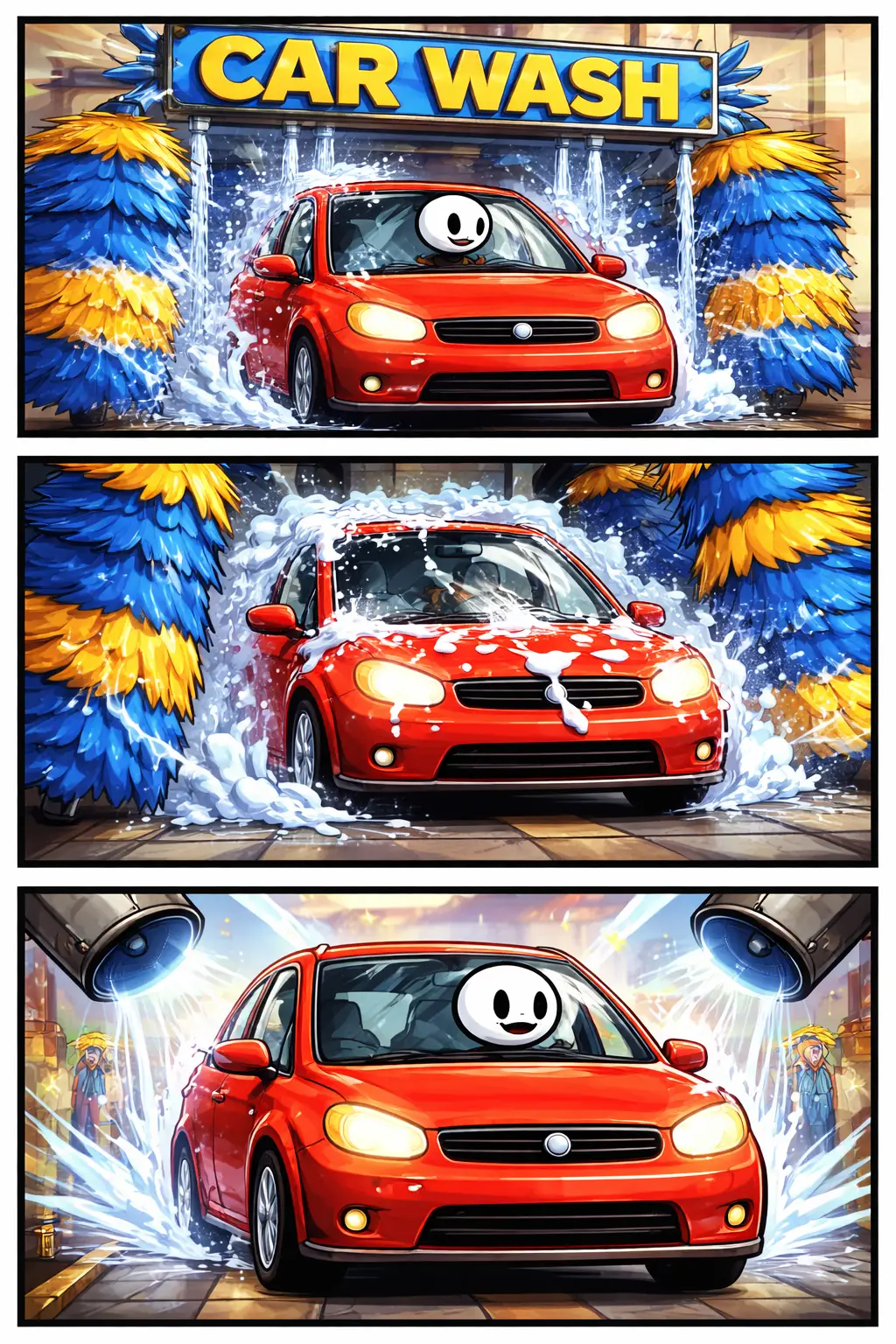 Stripafbeelding van een stickman met witte kop en zwart lichaam die met zijn auto door de autowasstraat rijdt in drie panelen.
