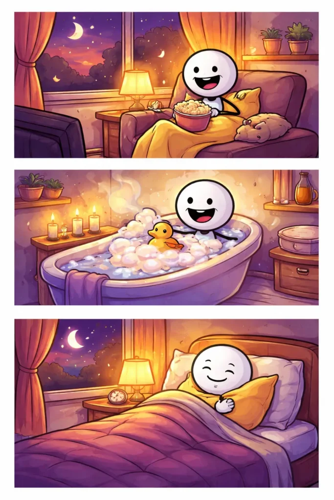 Stripafbeelding van een stickman in Toonwords-stijl tijdens de avond, met ontspanning en rust aan het einde van de dag.