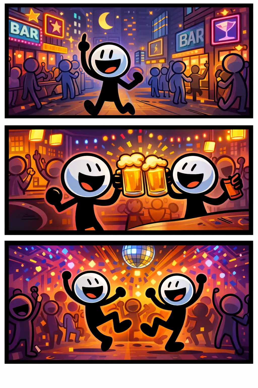 Stripafbeelding met drie panelen van een stickman in Toonwords-stijl tijdens een gezellig Avondje uit, zonder tekst en met zwart kader.