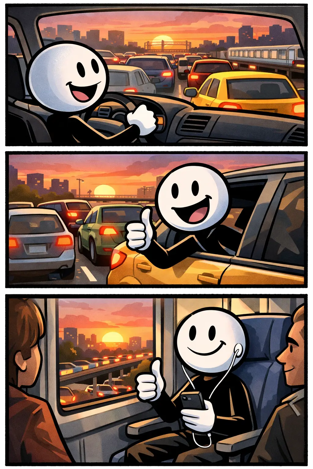 Stickman die de avondspits ervaart in drie scènes met ondergaande zon, passend bij het woord avondspits.