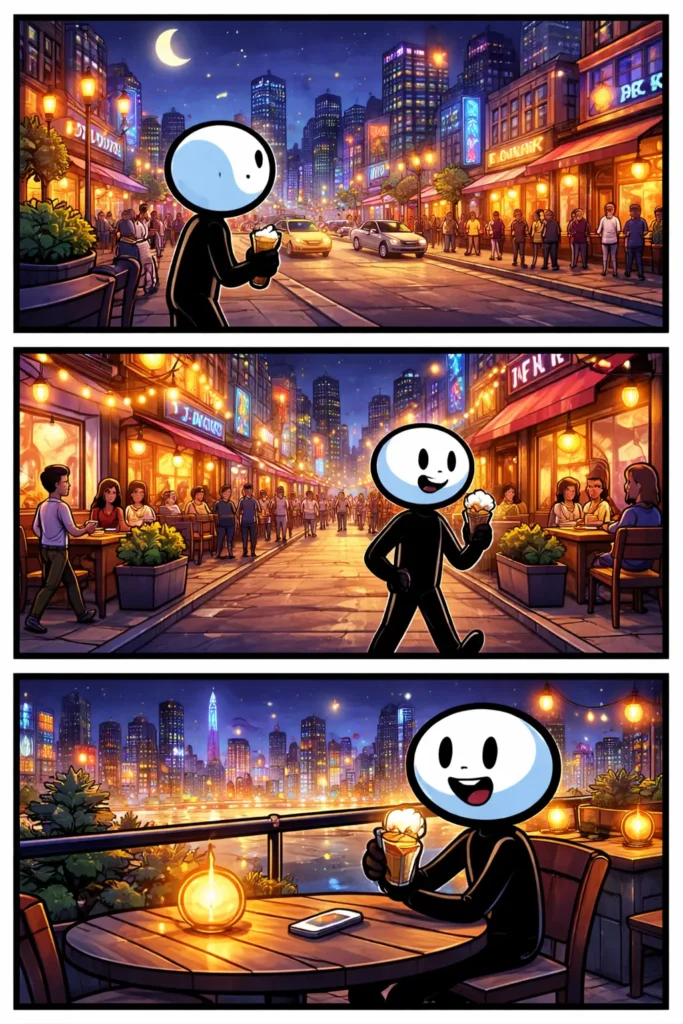 Stripafbeelding van een stickman met witte kop en zwart lichaam in een avondstad met verlichte straten en gebouwen in drie panelen.