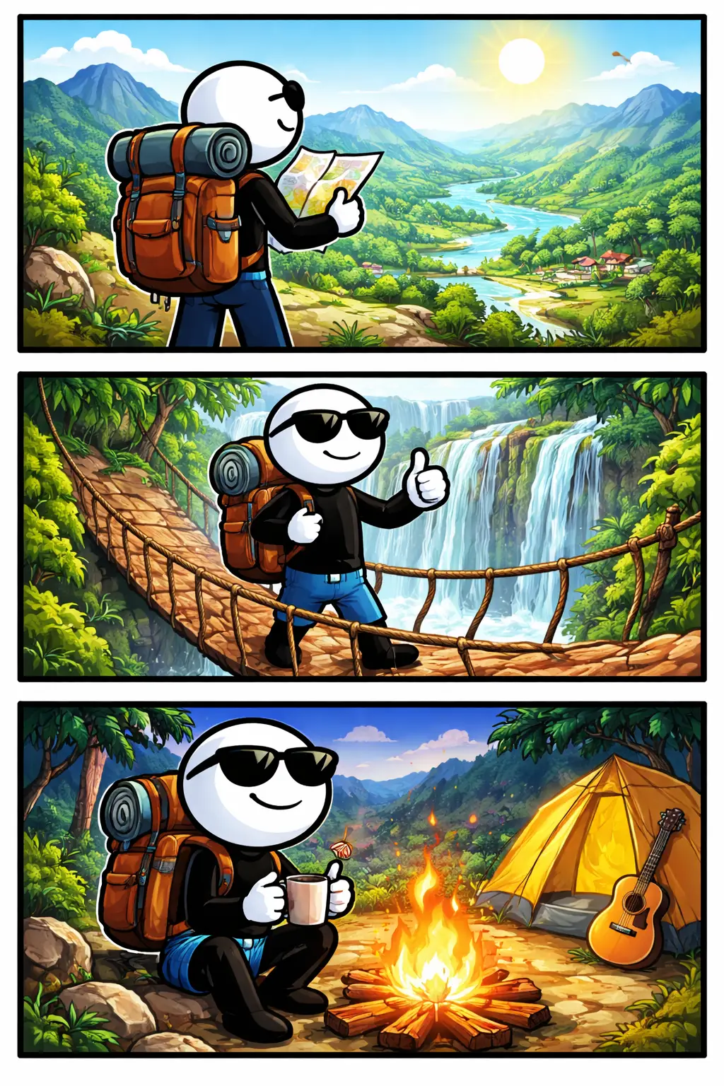 Toonwords-stripafbeelding van Backpacken met een stickman die in drie panelen licht bepakt op reis is en onderweg vrijheid en avontuur ervaart.