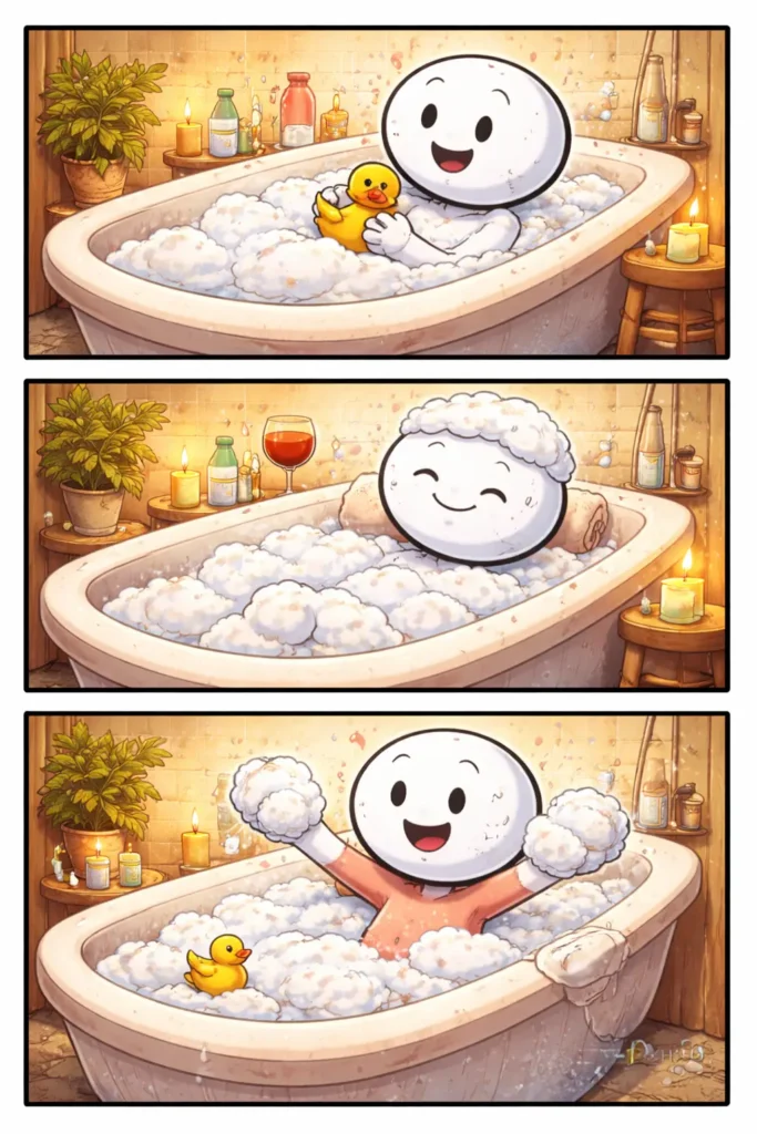 Toonwords-strip met een stickman die vrolijk aan het badderen is in een warm bad vol schuim.