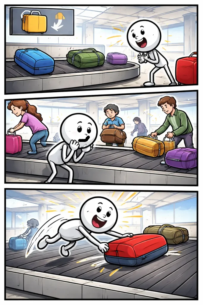 Drie-panelen strip van een stickman bij de bagageband op het vliegveld, wachtend op zijn koffer.