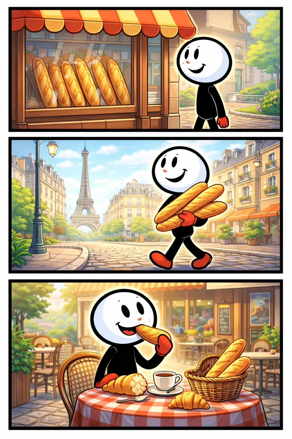 Stripafbeelding met drie panelen van een stickman in Toonwords-stijl die een baguette bekijkt, draagt en eet in een Franse omgeving.