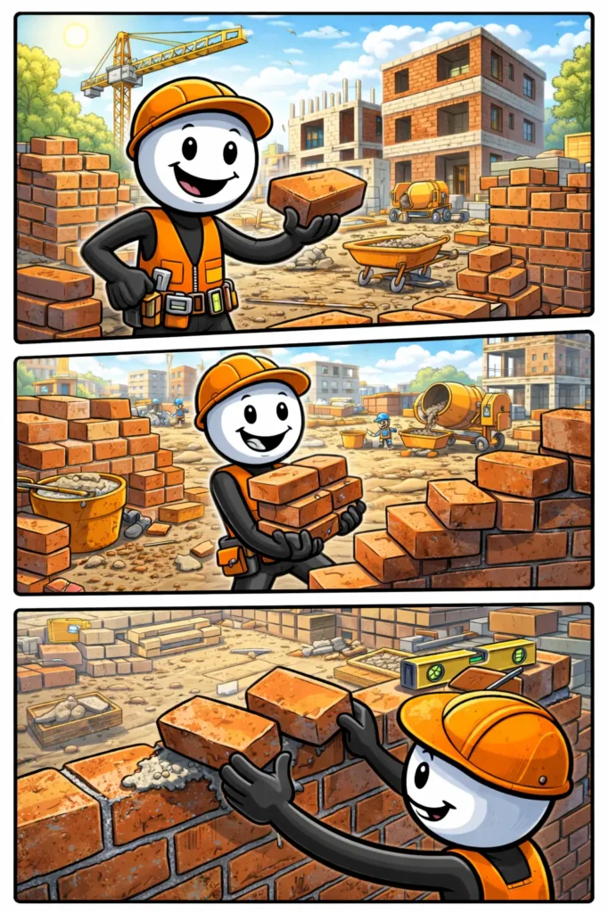 Toonwords-stripafbeelding van een stickman die een baksteen vasthoudt en stapelt op een bouwplaats, bij het Nederlandse woord Baksteen.