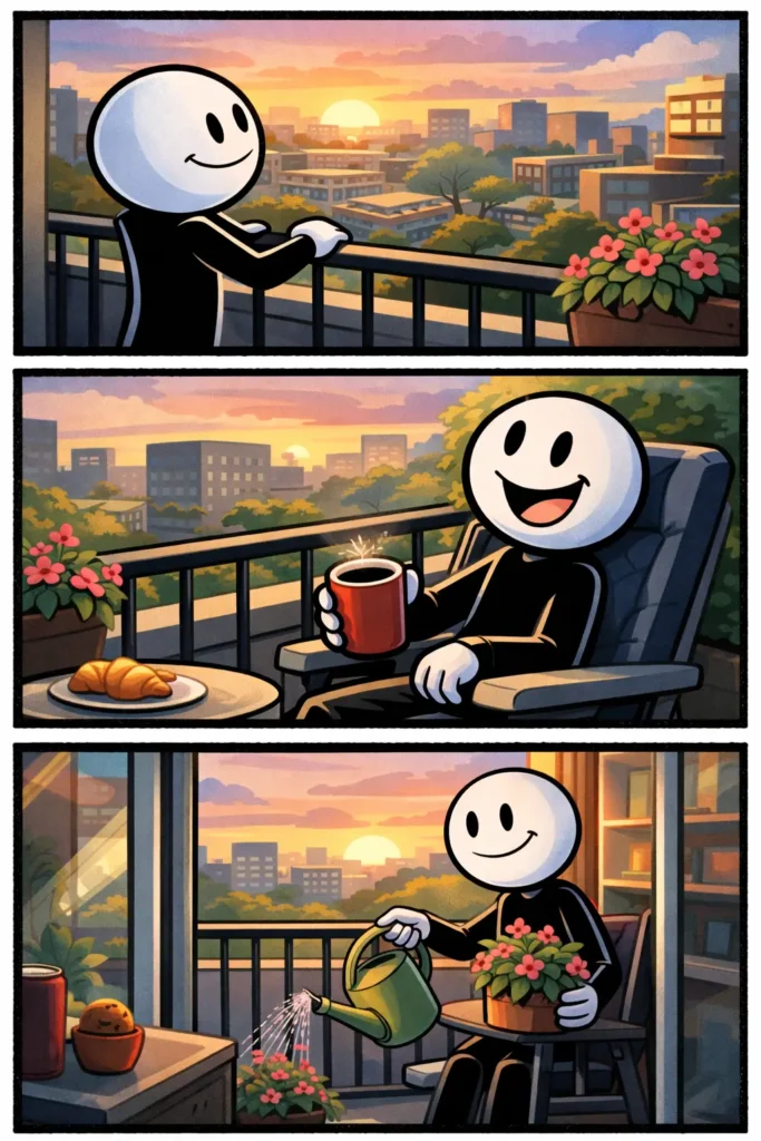 Stickman die op een balkon staat en geniet van het uitzicht, passend bij het woord balkon.