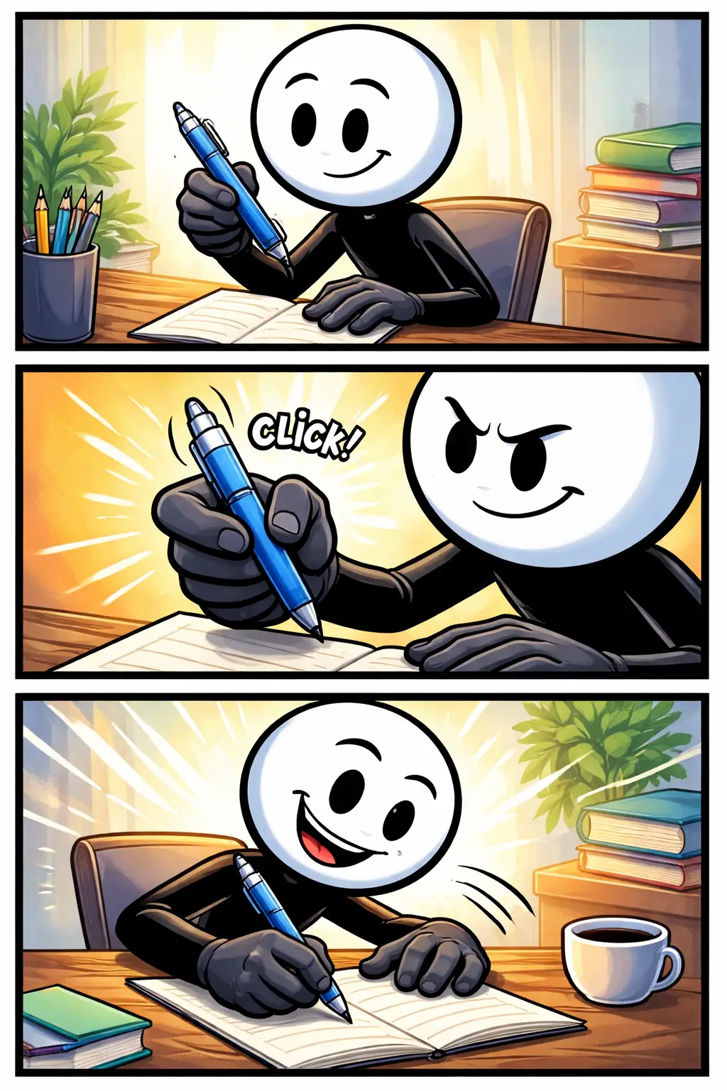 Een Toonwords-stickman met een balpen in drie kleurrijke panelen, vanuit verschillende cameraposities.