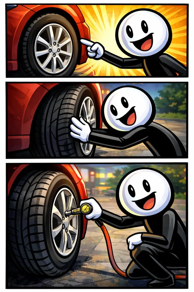 Stickman wijst een band van een auto aan, controleert het profiel en pompt de band op.