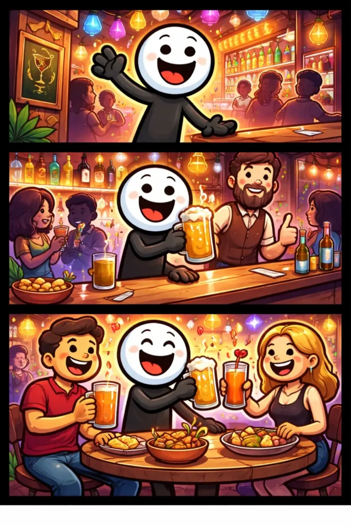 Stickman in Toonwords-stijl die aan een bar staat met een drankje, omringd door een warme en gezellige barsfeer, passend bij het woord Bar. Felix II.