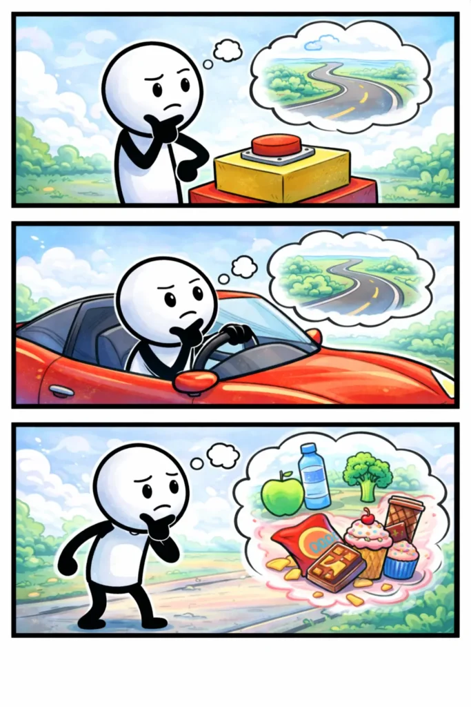 Drie-panelen stripafbeelding in Toonwords-stijl van een stickman die bedachtzaam nadenkt voordat hij een knop indrukt, een route kiest tijdens het rijden en een bewuste keuze maakt tussen gezond en ongezond eten, passend bij het Nederlandse woord Bedachtzaam.