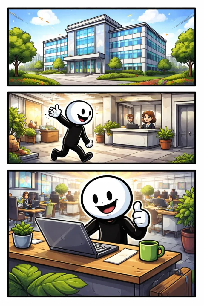 Toonwords-strip met een stickman bij een modern bedrijfsgebouw, gezien van buiten, binnen en van bovenaf.