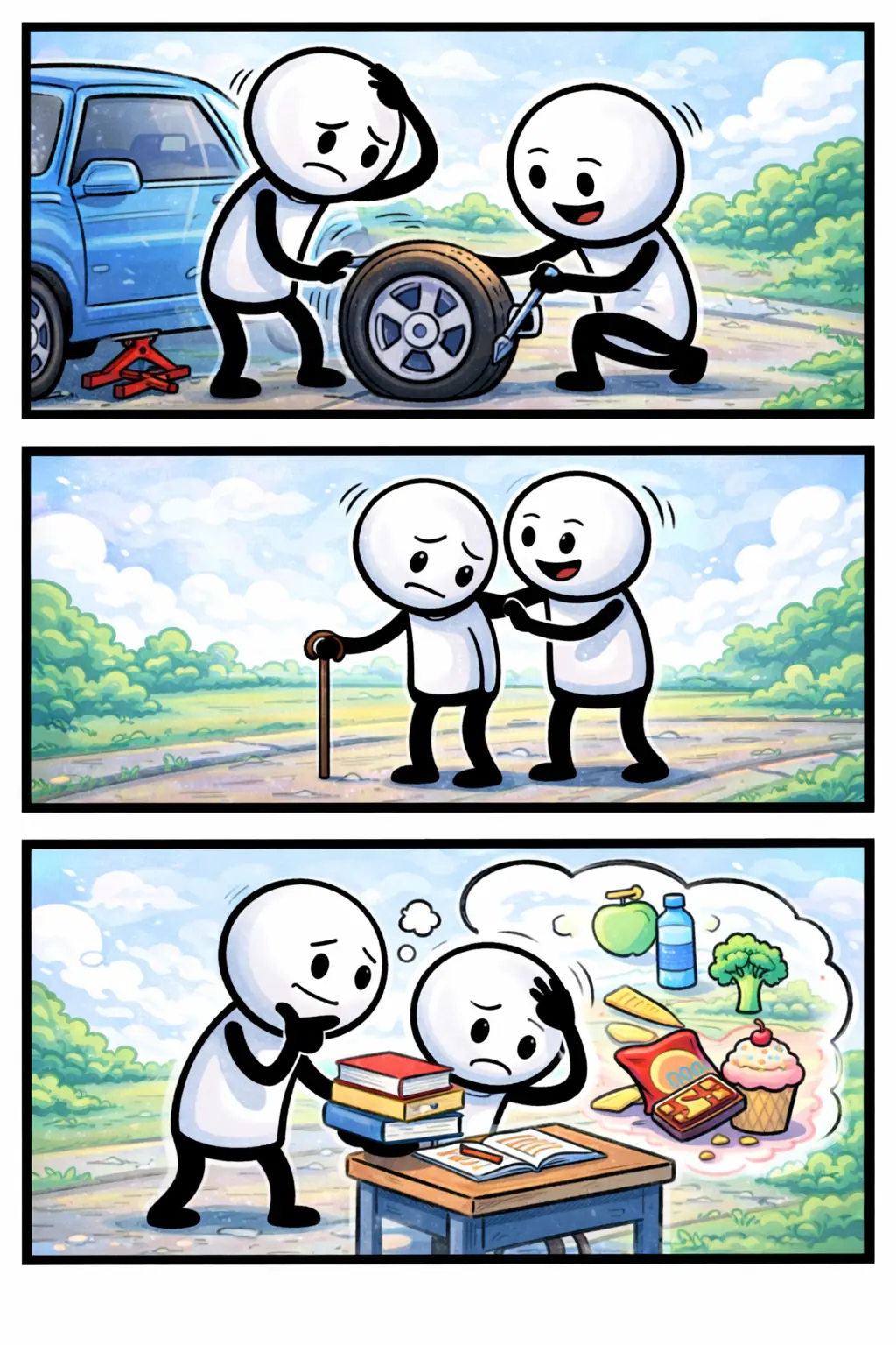 Drie-panelen stripafbeelding in Toonwords-stijl van een stickman die behulpzaam is door een autoband te verwisselen, iemand te ondersteunen tijdens het lopen en hulp te bieden bij studeren, passend bij het Nederlandse woord Behulpzaam.
