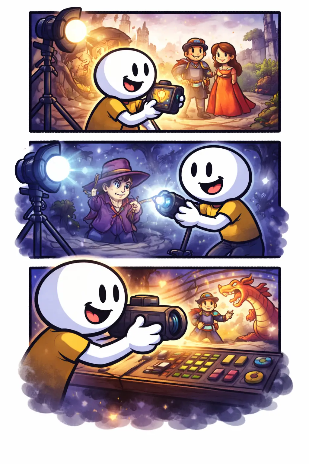 Stripafbeelding in Toonwords-stijl met een stickman die lampen en schijnwerpers richt om een scène te verlichten bij het woord Belichting.