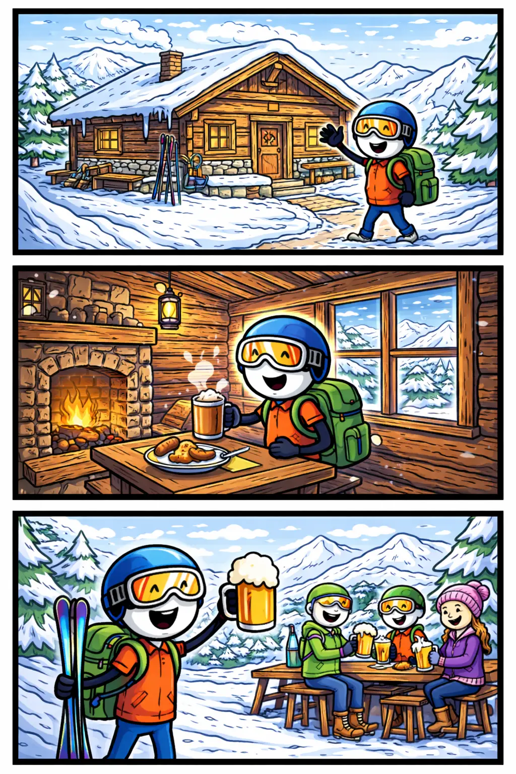 Stickman in Toonwords-stijl bij een gezellige berghut in de sneeuw, met bergen op de achtergrond en het woord Berghut als thema.