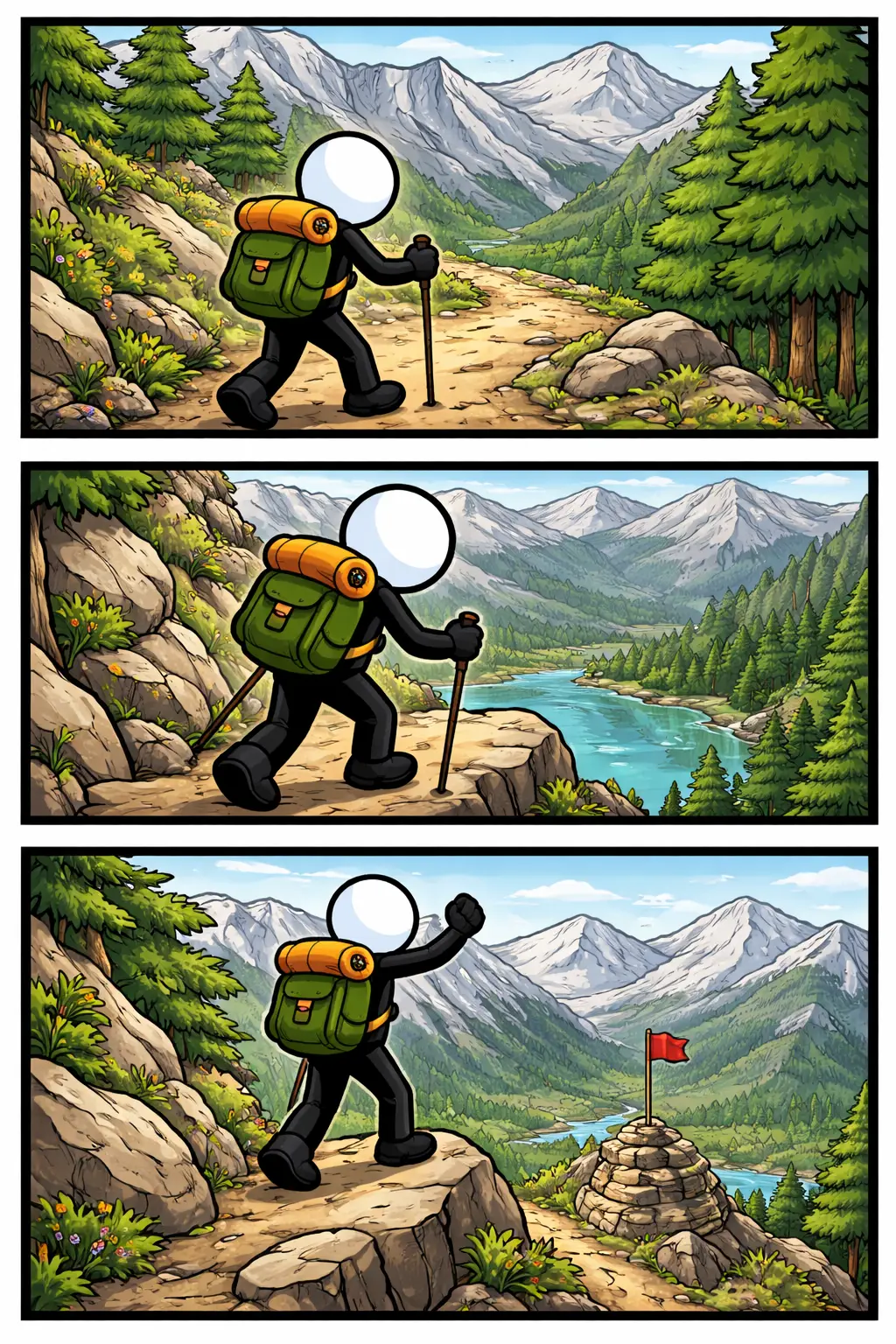 Stripafbeelding in Toonwords-stijl van een stickman die een bergpad bewandelt.