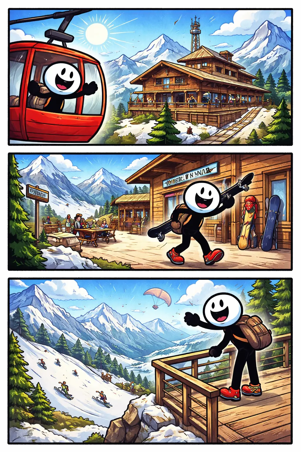 Stripafbeelding van een stickman in Toonwords-stijl bij een bergstation boven op de berg, in kleur, zonder tekst.