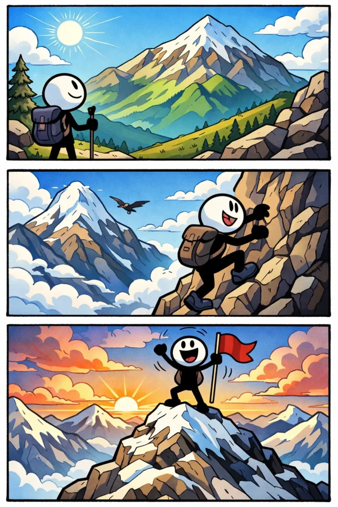 Stripafbeelding van een stickman in Toonwords-stijl die op de bergtop staat, in kleur, zonder tekst, met uitzicht over bergen.