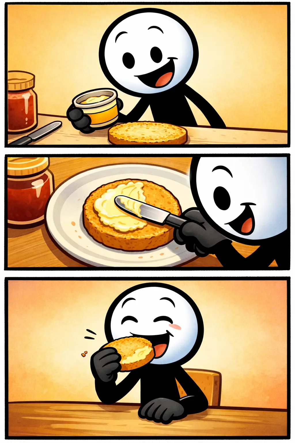 Stickman die een beschuit klaarmaakt en opeet in drie vrolijke panelen, het Nederlandse woord beschuit verbeeldend.