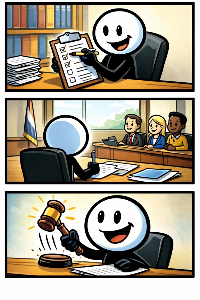 stickman die bezig is met bestuurlijk werk achter een bureau met papieren; het woord Bestuurlijk werk zichtbaar