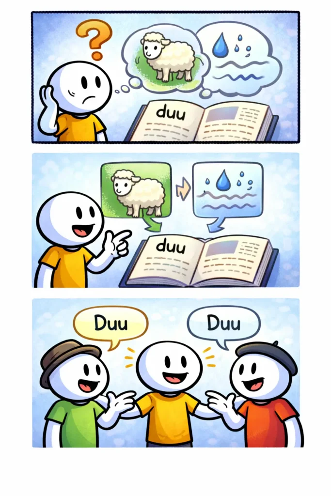 Stripafbeelding met drie panelen van een stickman in Toonwords-stijl die de betekenis van een woord ontdekt en begrijpt.