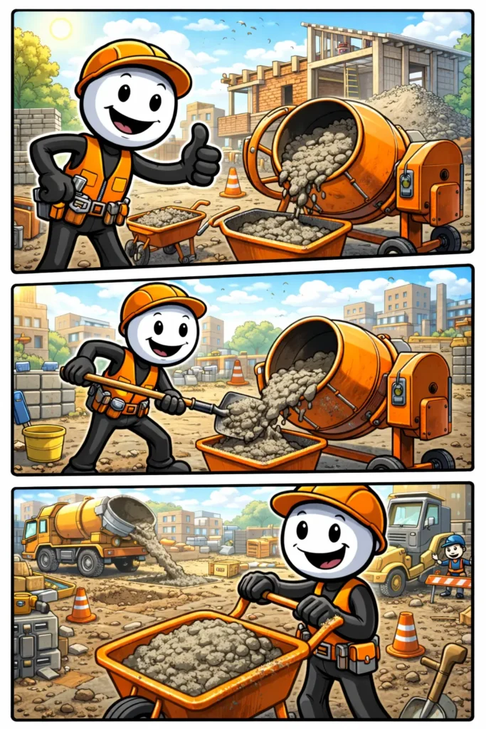 Toonwords-stripafbeelding van een stickman bij een draaiende betonmolen op een bouwplaats, bij het Nederlandse woord Betonmolen.