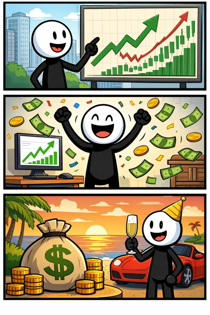 Een stickman kijkt blij naar een stijgende grafiek op de beurs.