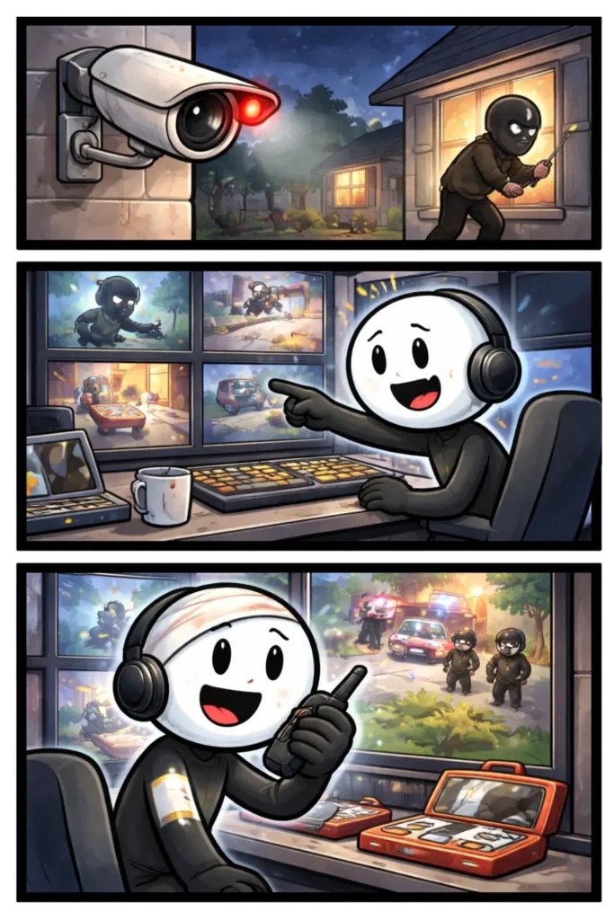 Stripafbeelding in Toonwords-stijl van een stickman die wordt bekeken door een Beveiligingscamera in drie opeenvolgende panelen.