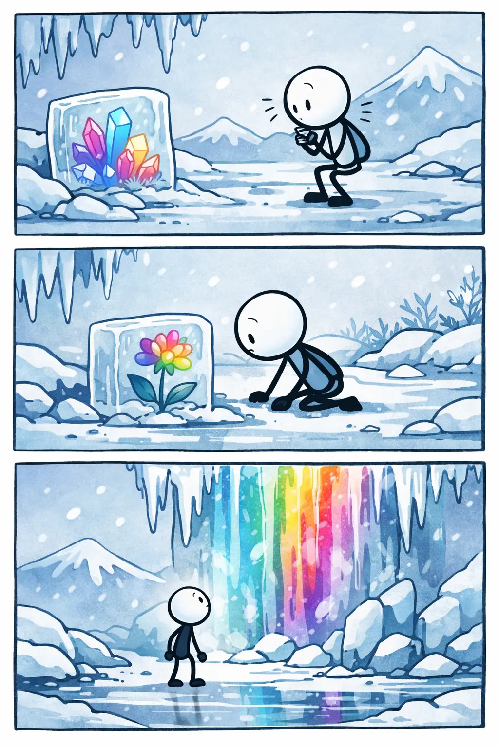 Toonwords-strip van een stickman die bevroren kleurige objecten in ijs ziet, passend bij het woord Bevroren.