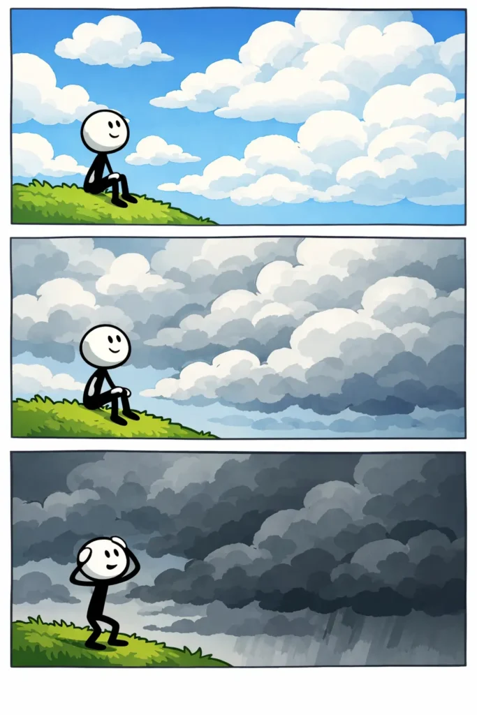 Drie panelen stripillustratie in Toonwords-stijl van een stickman onder een steeds meer bewolkte lucht, passend bij het woord bewolking.