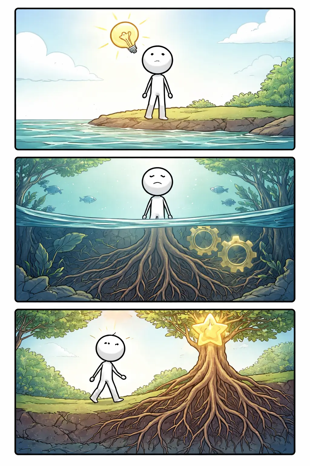 Toonwords-strip met drie panelen van een stickman die het begrip Bewustzijn verbeeldt, met lagen boven en onder de oppervlakte.