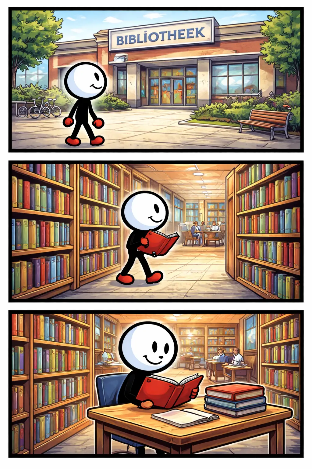 Stripafbeelding van een stickman bij een Bibliotheek, eerst buiten bij het gebouw, daarna tussen de boekenkasten en uiteindelijk zittend en lezend aan een tafel.