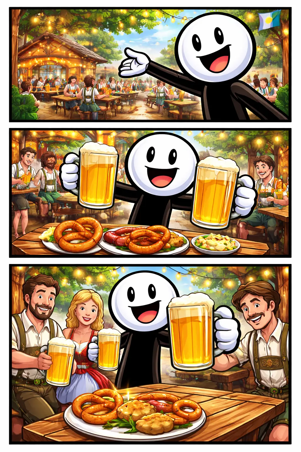 Stickman zit aan een houten tafel in een biergarten met bierpullen en geniet buiten van eten en drinken.