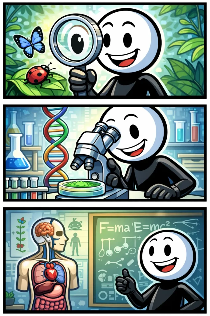 Een stripafbeelding met drie panelen waarin een vrolijke stickman verschillende biologische onderwerpen onderzoekt, zoals planten, dieren en cellen, weergegeven in kleurrijke Toonwords-stijl.
