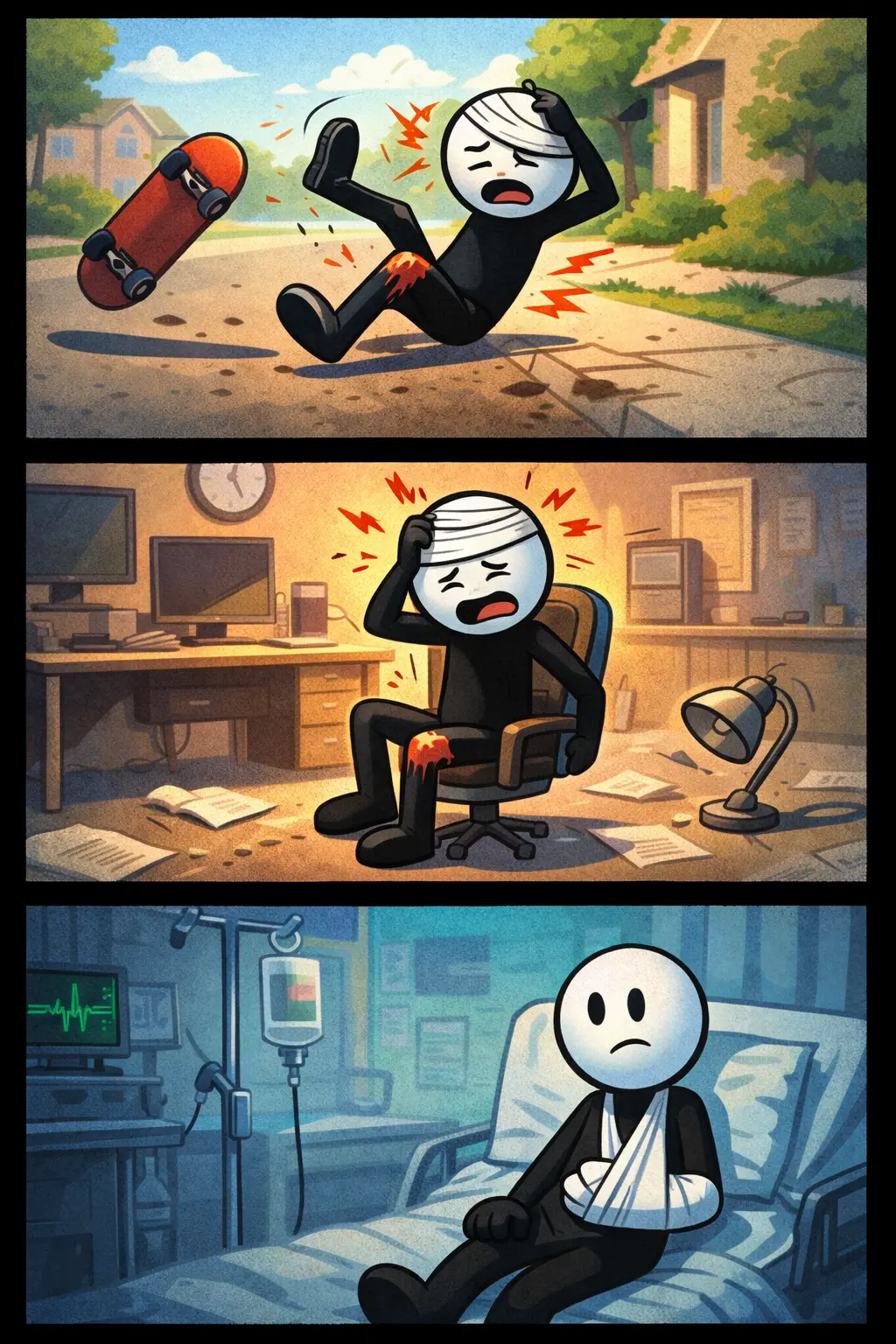 Een stickman raakt licht gewond in drie scènes die duidelijk een blessure uitbeelden.