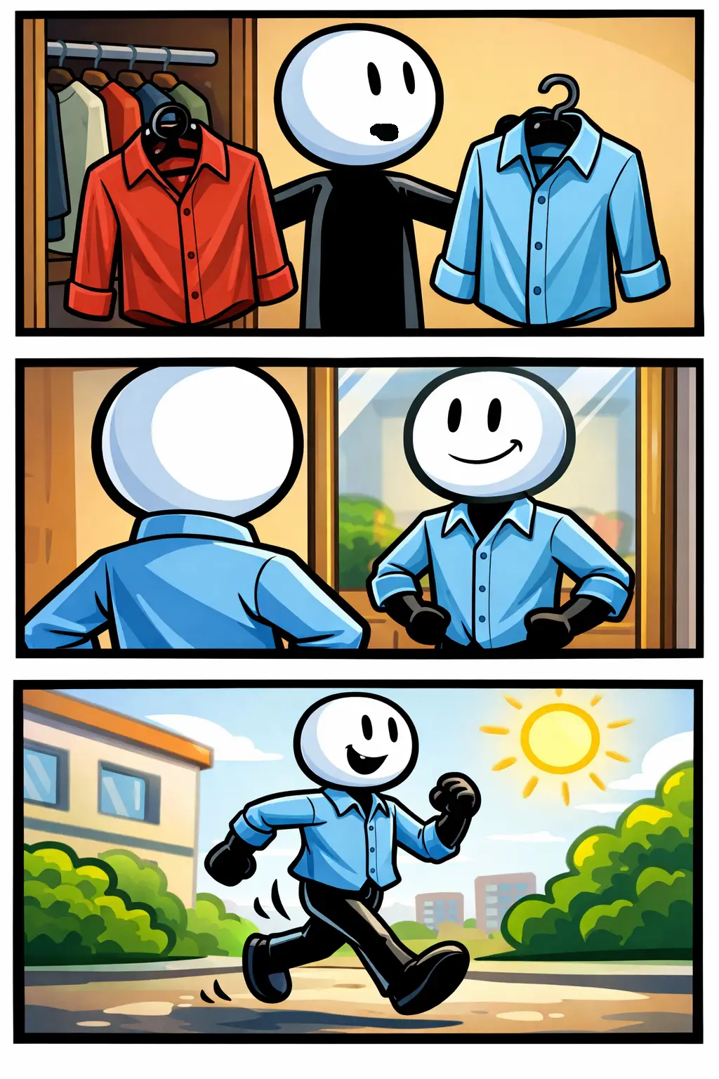 Stickman in Toonwords-stijl die een blouse bekijkt en draagt in drie verschillende panelen – het woord blouse uitgebeeld.