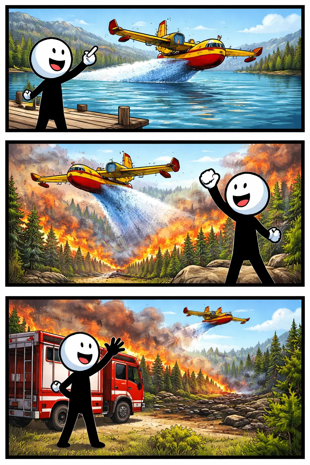 Een blusvliegtuig vliegt laag over het landschap terwijl de stickman enthousiast toekijkt.