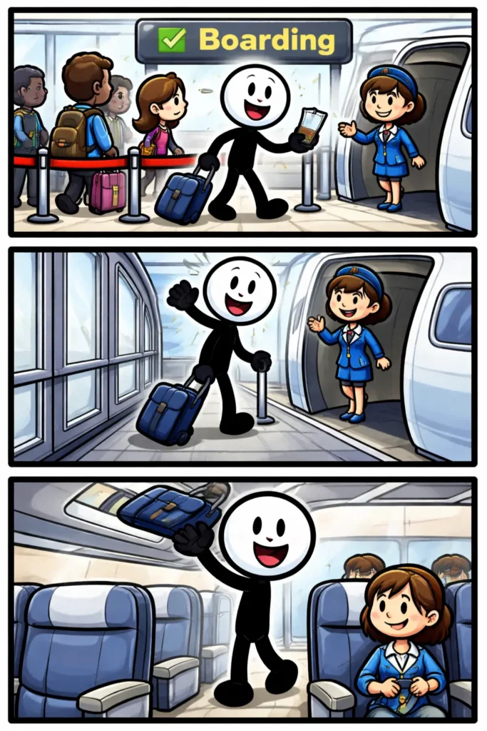 Stripafbeelding met drie panelen van een stickman tijdens het boarding-proces op de luchthaven, waar boarding zichtbaar is bij de gate en in het vliegtuig.